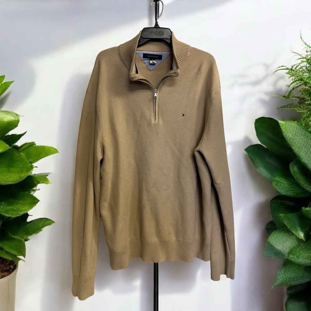 TOMMY HILFIGER Sweater Mens XXL Tan 1/4 Zip High Neck Pullover *read